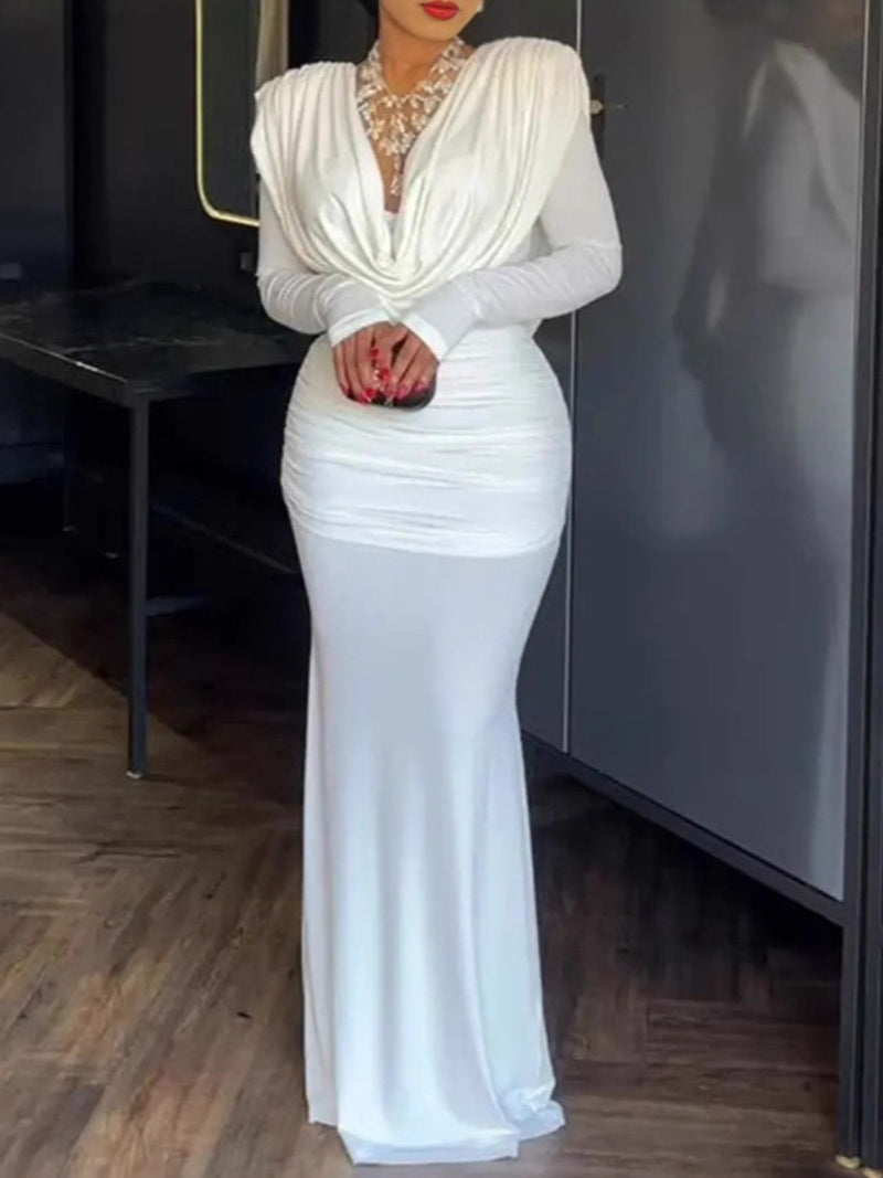ruched long sleeve maxi dress front view