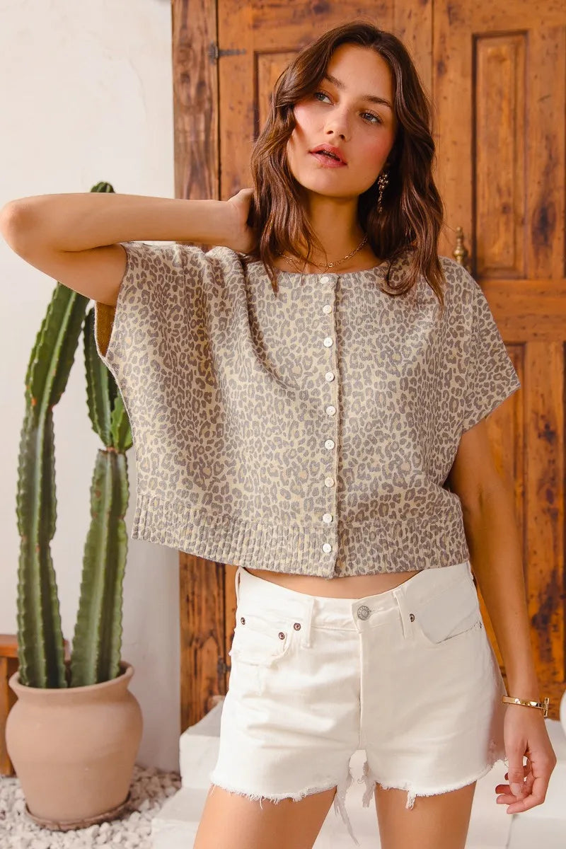 SO ME Leopard Print Button Front Sweater Cardigan - Fashorio