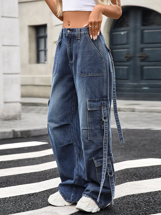 Wide Leg Cargo Jeans – Relaxed Fit Washed Utility Denim Blue - Fashorio
