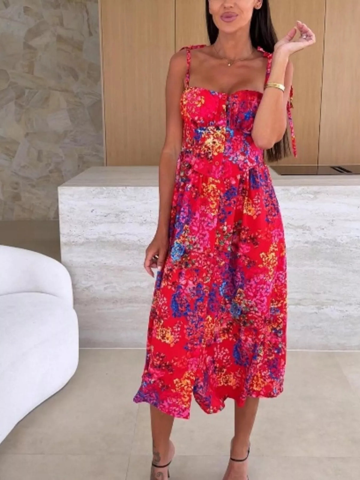 Printed tie strap midi dress full length view