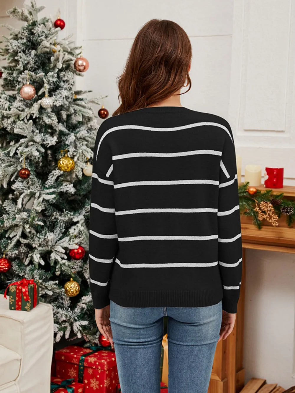 Sequin Santa Striped Round Neck Sweater styled look