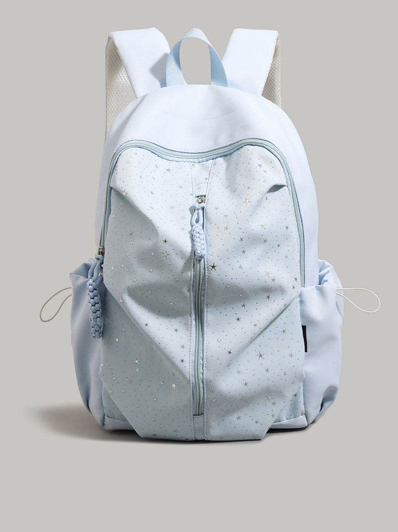 Star print nylon backpack in blue front view