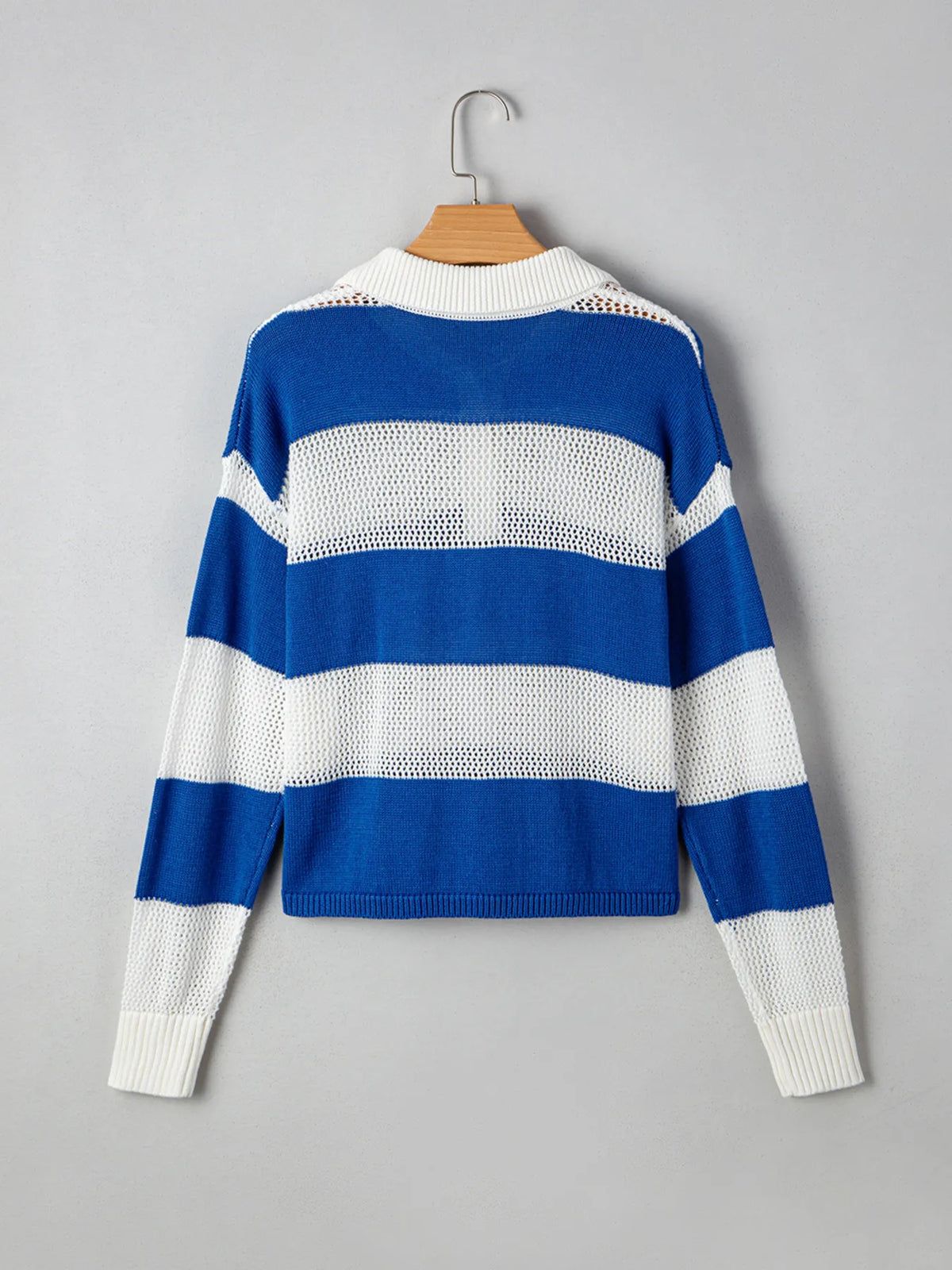 Dusty blue striped crochet polo cover up close up detail