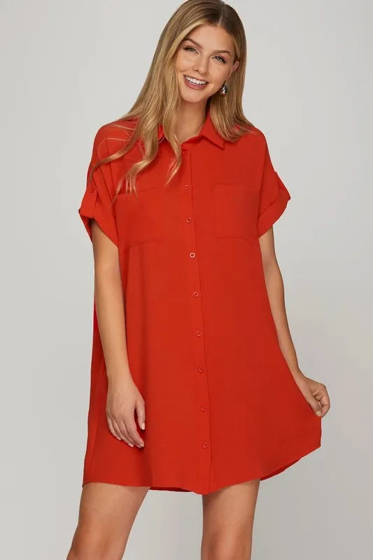 Button Down Short Sleeve Woven Shirt Dress