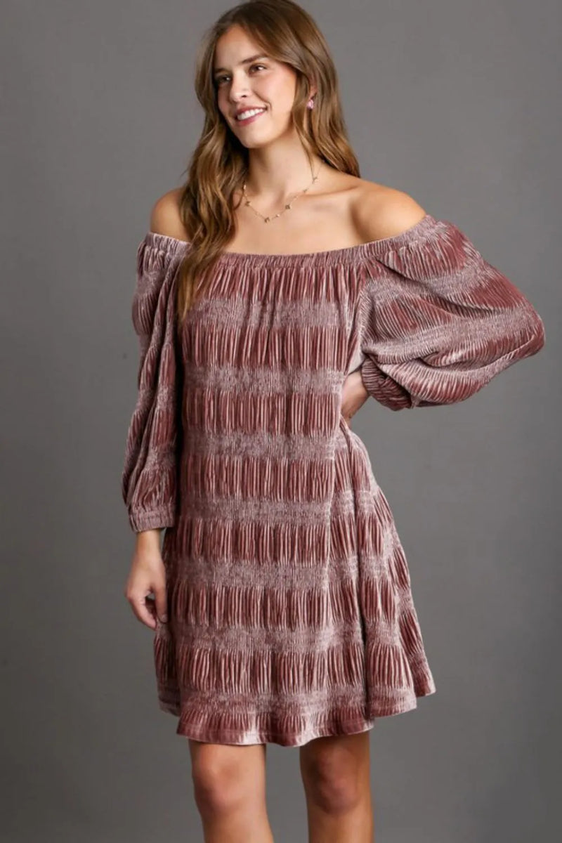 Off Shoulder Balloon Sleeve Velvet Mini Dress