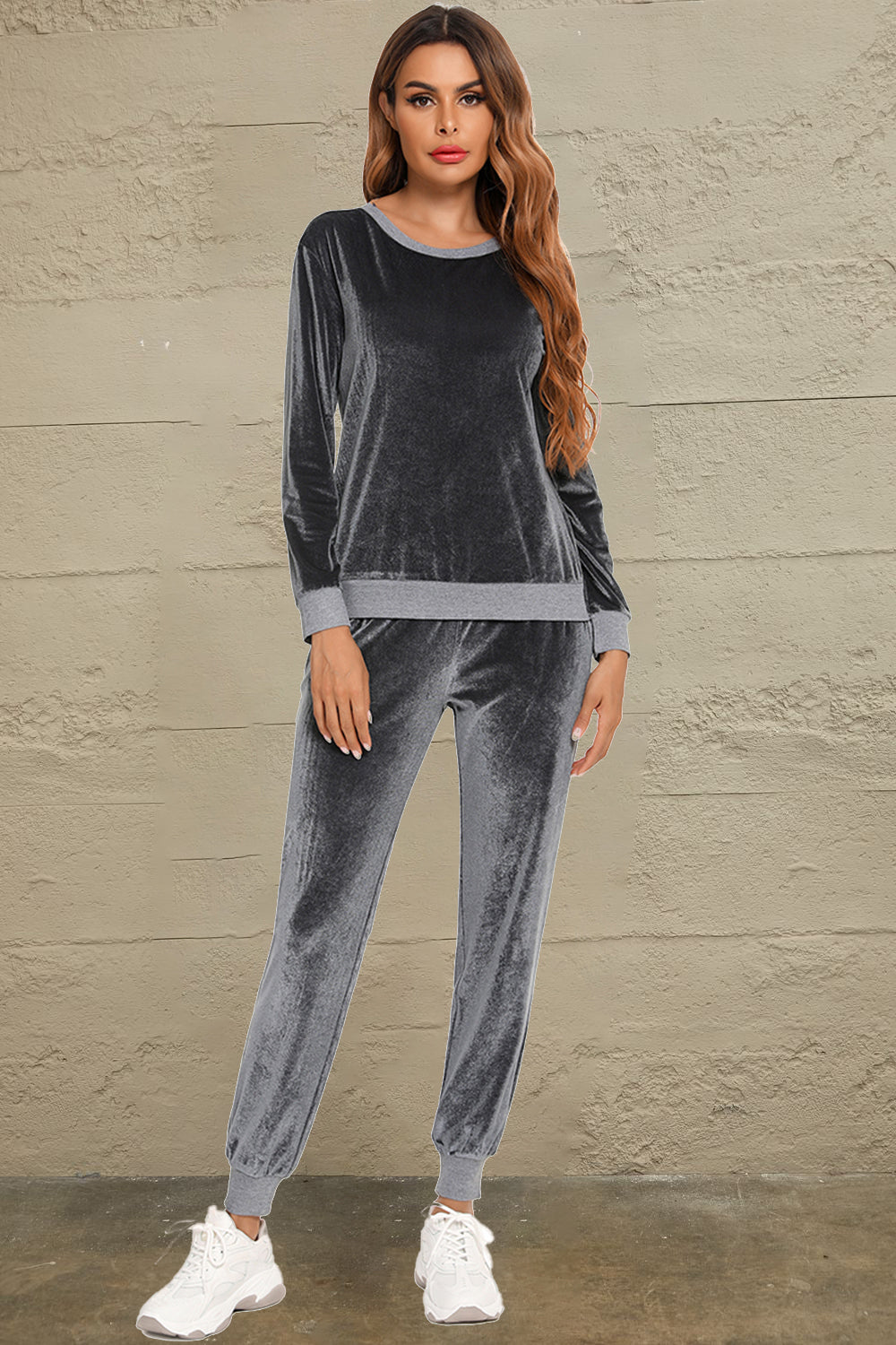 Round Neck Long Sleeve Loungewear Set with Pockets Charcoal - Fashorio
