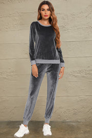 Round Neck Long Sleeve Loungewear Set with Pockets Charcoal - Fashorio