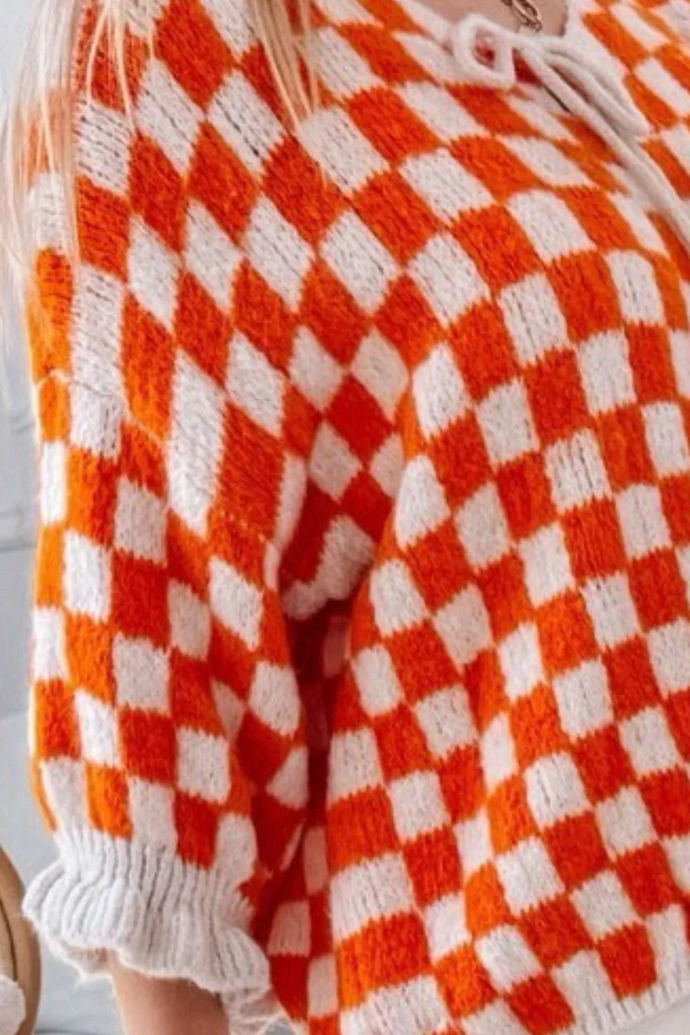 Double Take Tied Checkered Dropped Shoulder Flounce Sleeve Cardigan - Fashorio