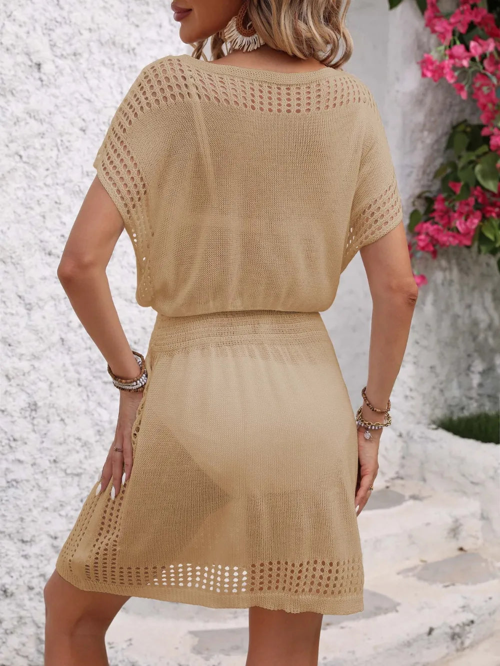 Openwork V-Neck Short Sleeve Cover Up Dress, view 26