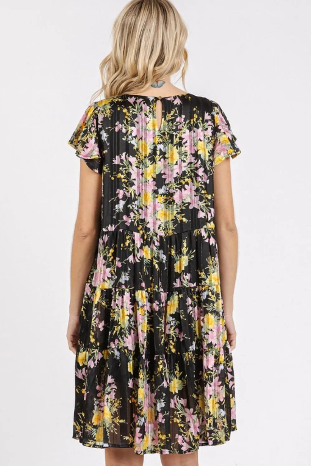 Flower Print Round Neck Flutter Sleeve Tiered Dress detail