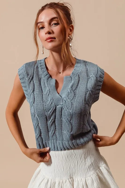 Notched Neck Cable Knit Sweater Vest in Denim Blue side view