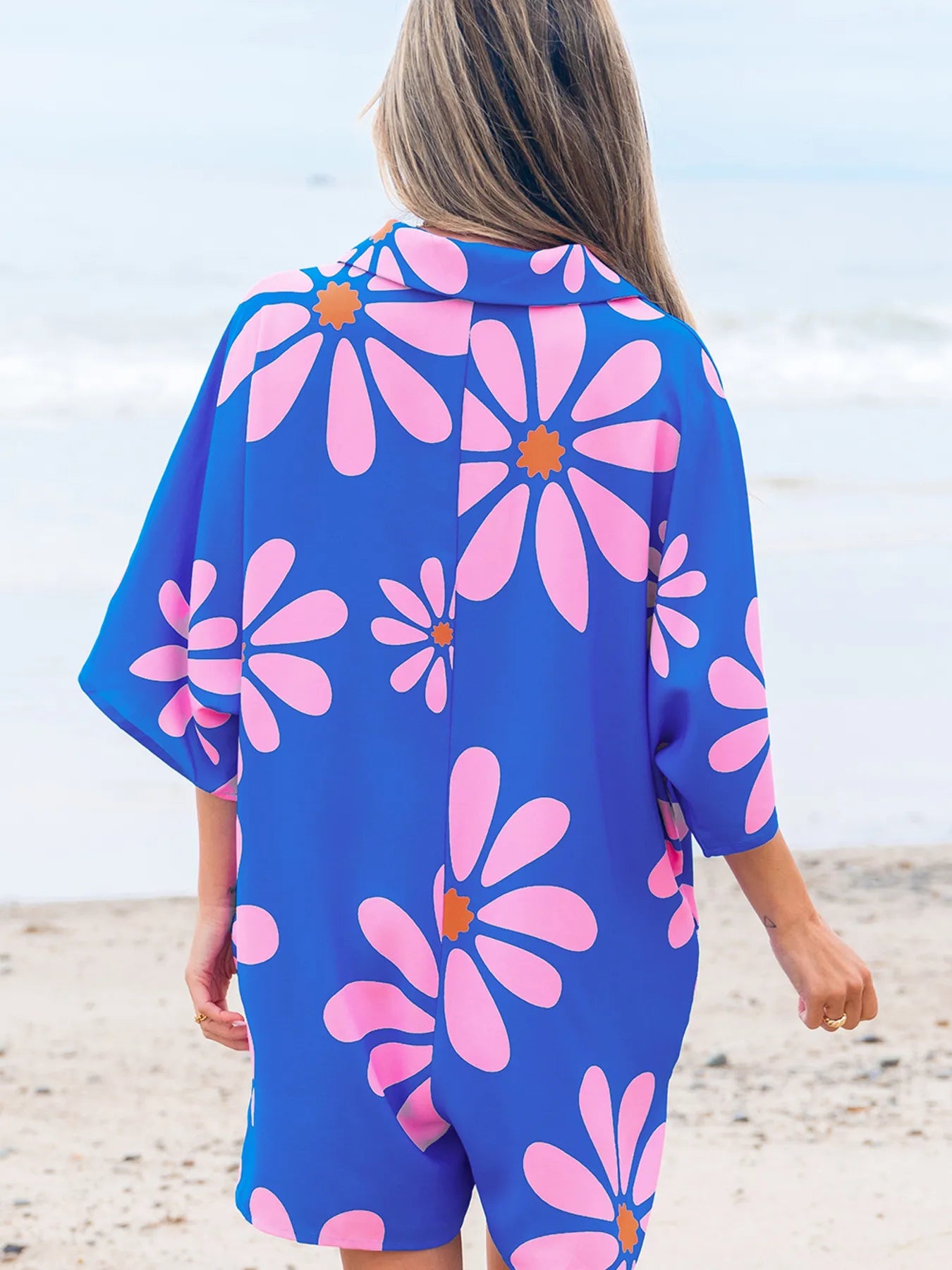 Summer Flower Print Shirt Collar Button Front Loose Romper - Fashorio