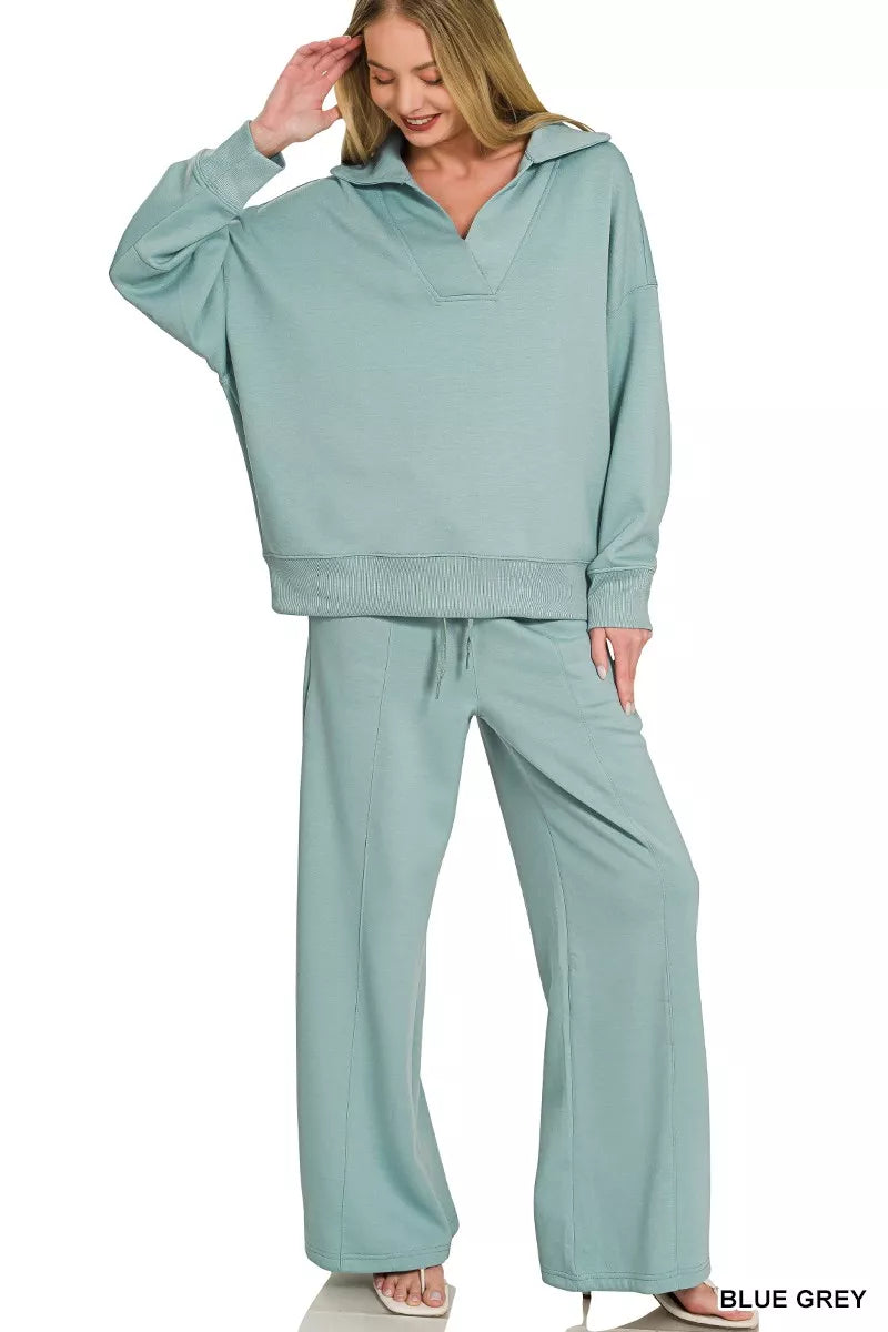 Scuba collared pullover and center seam pants set front view