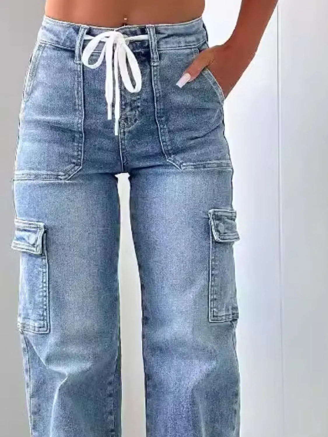 Side view of washed straight leg denim
