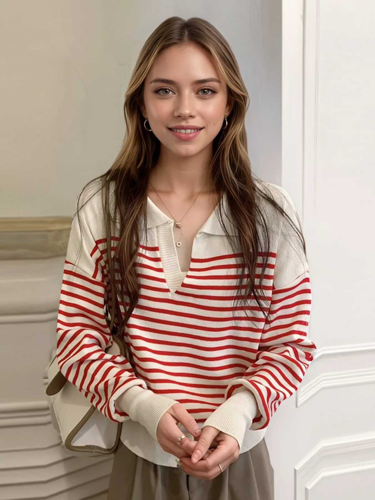 Striped long sleeve knit top, close up
