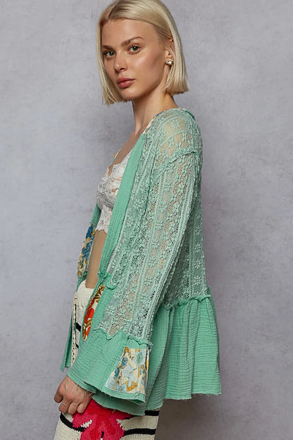POL Lace Ruffled Hem Open Front Cardigan - Fashorio