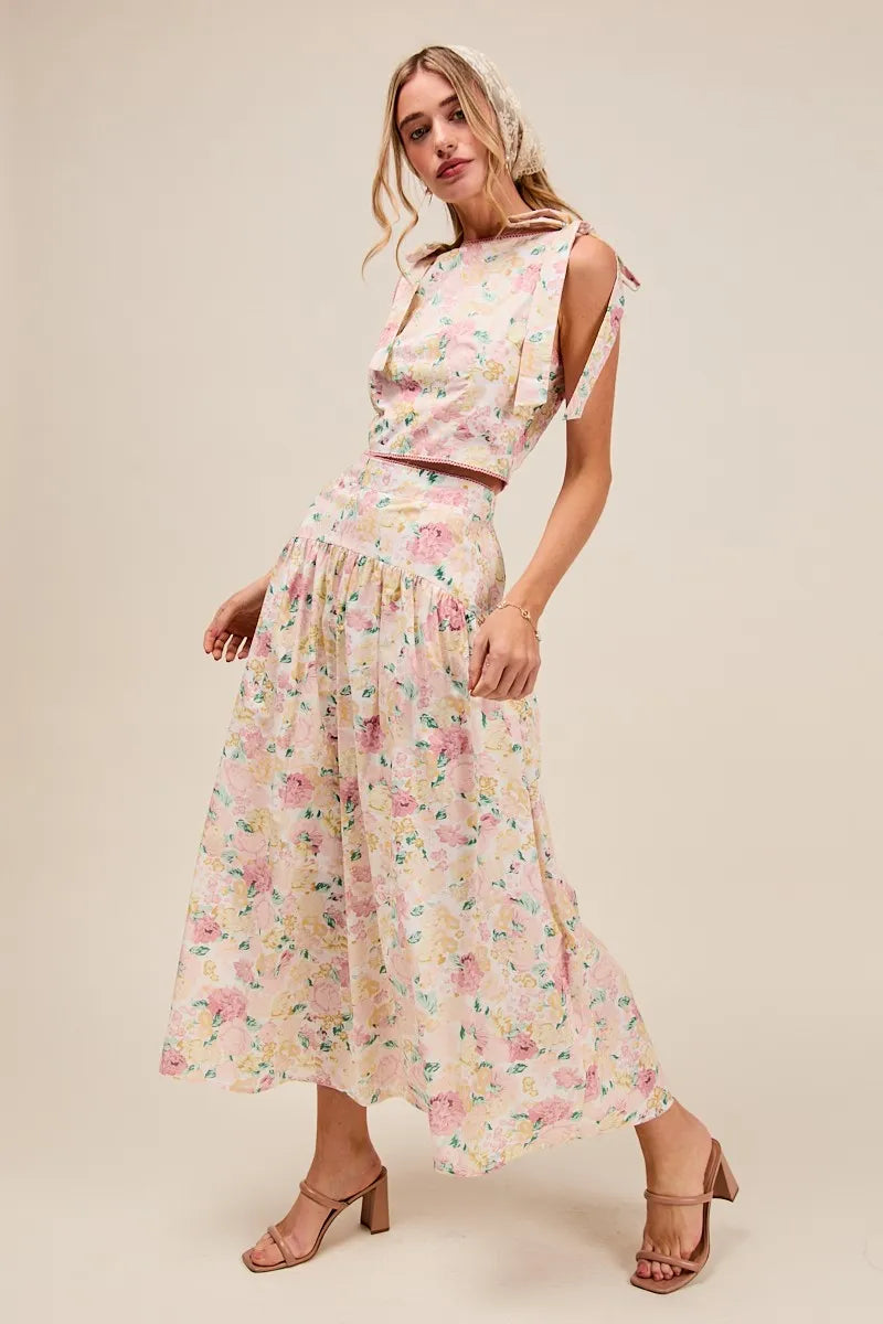 SO ME Floral Printed Woven Shoulder Bow Tie Top and Skirt Set - Fashorio