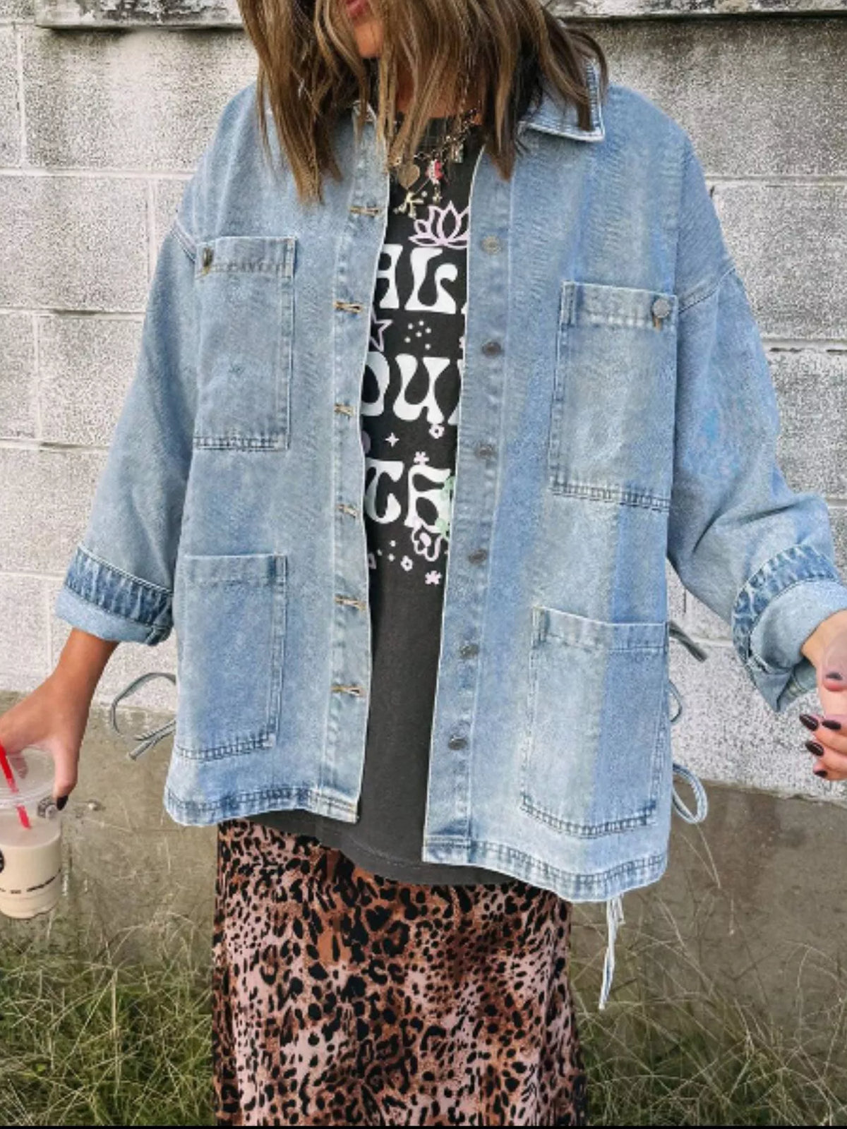 Patch Pocket Side Tie Denim Jacket in Medium Wash back view