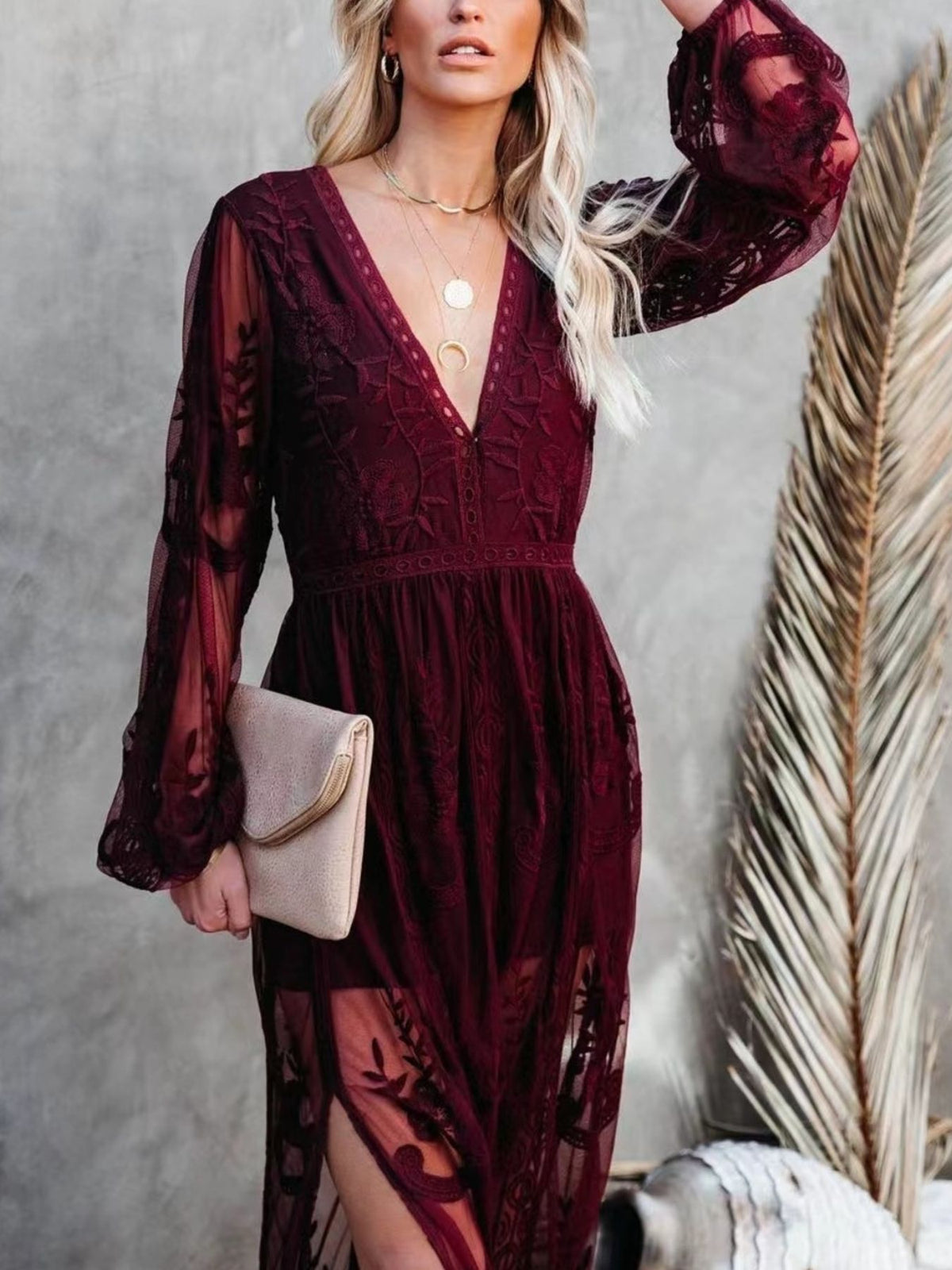 Floral lace slit maxi dress detail view