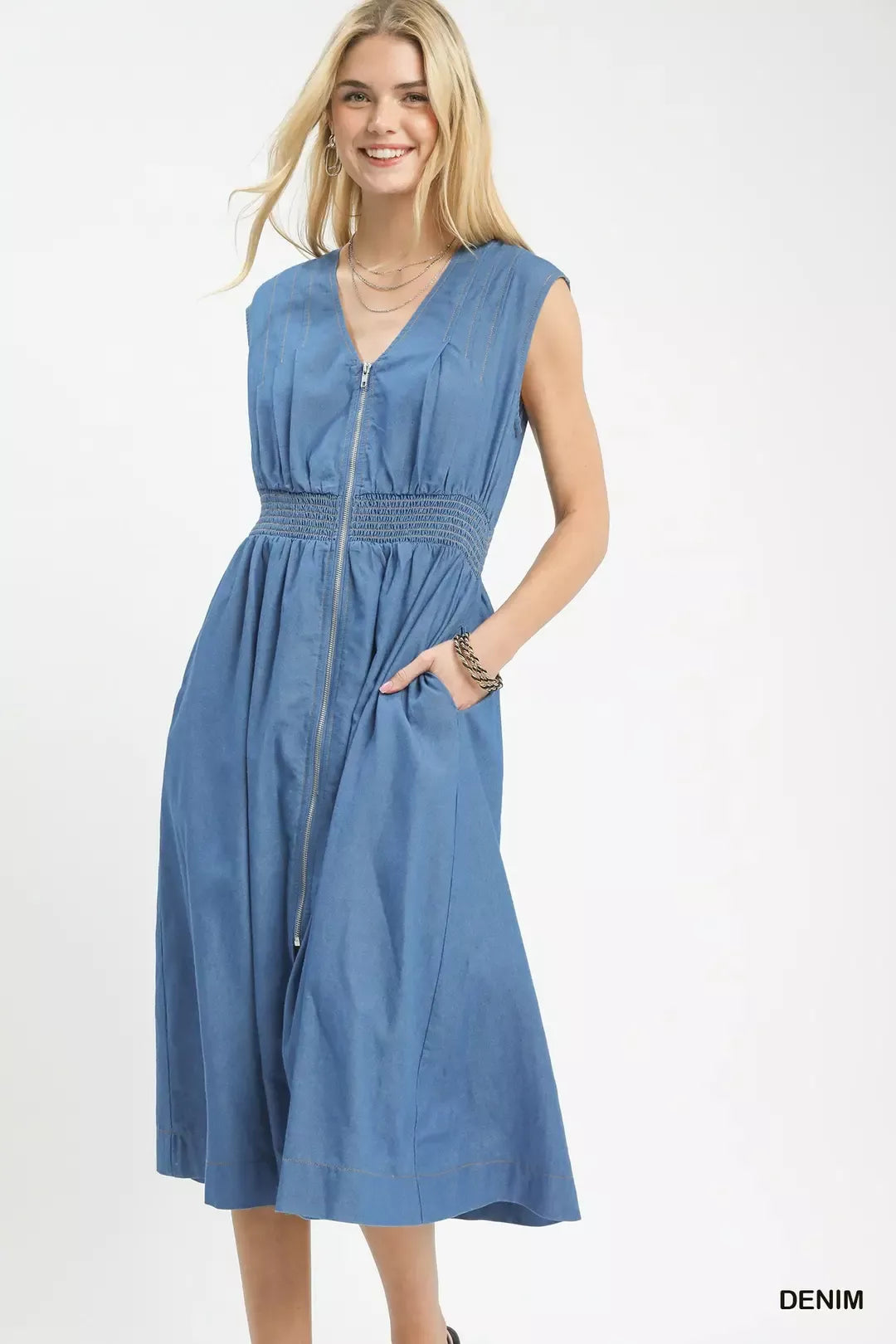 Denim Sleeveless Zip Front Smocked Waist Midi Dress