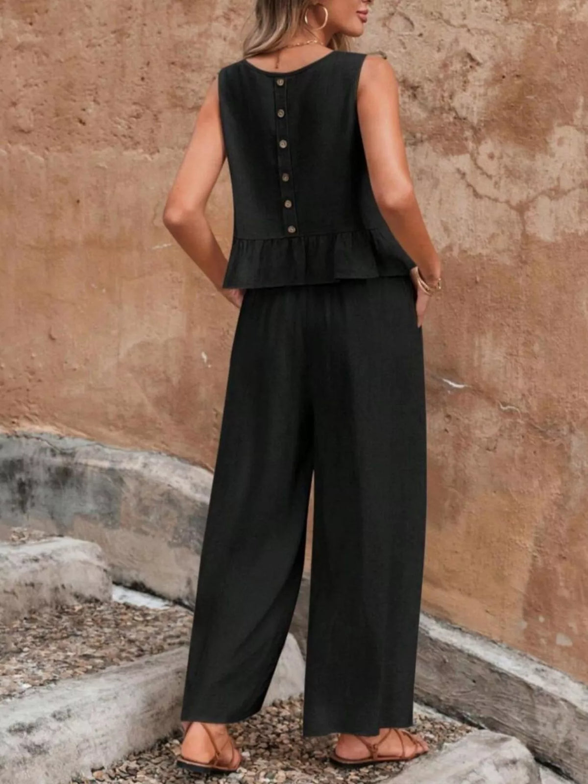 Sleeveless Ruffle Hem Top and Wide Leg Pants Set, view 15