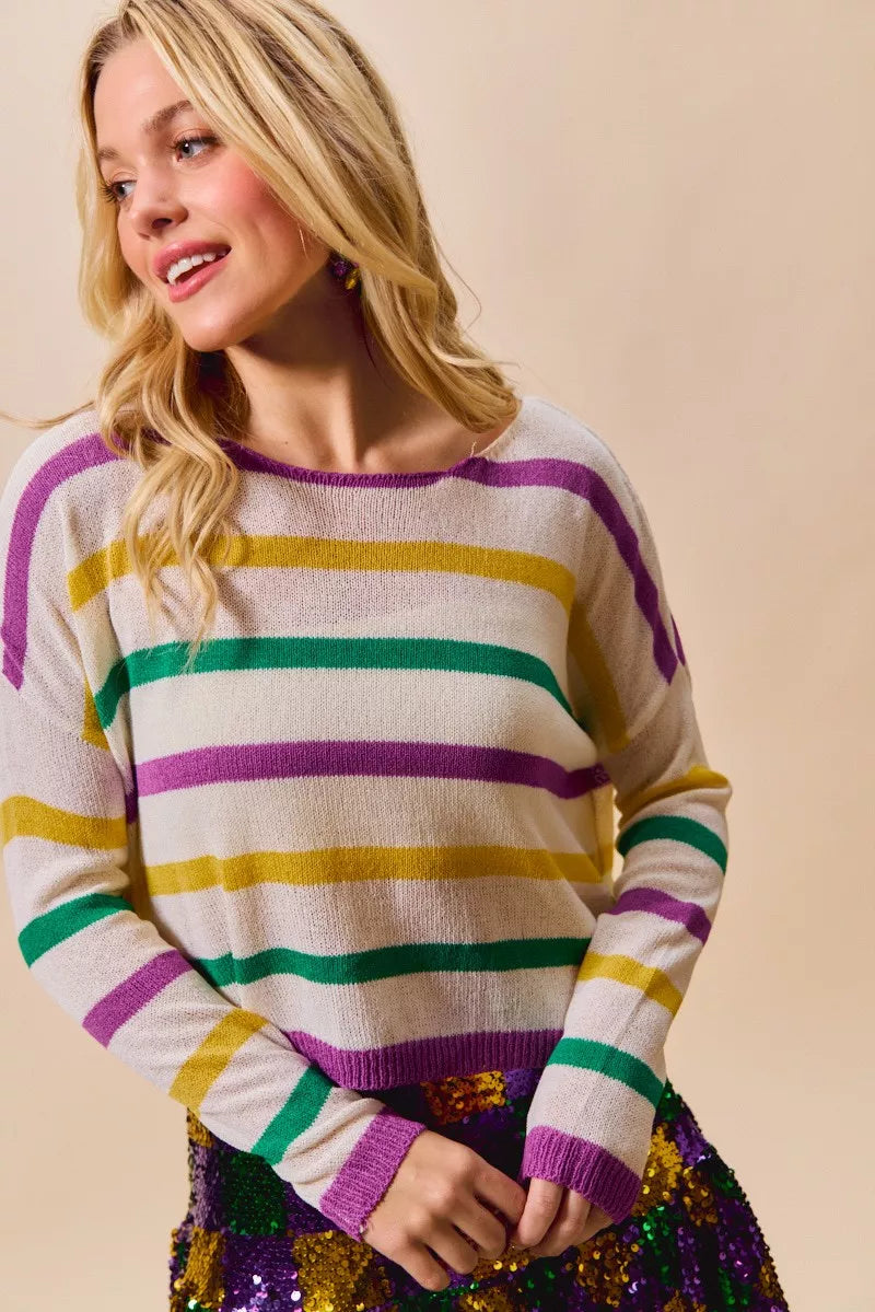 Multi Color Stripe Lightweight Sweater Top in Ivory detail