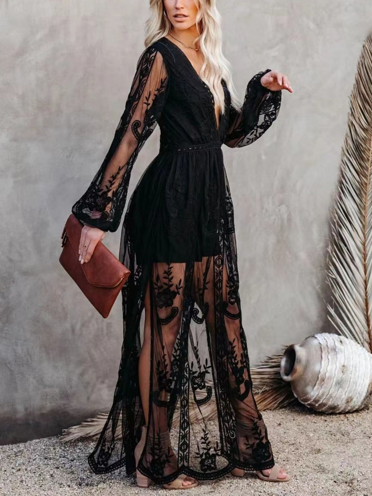Floral lace slit maxi dress front view