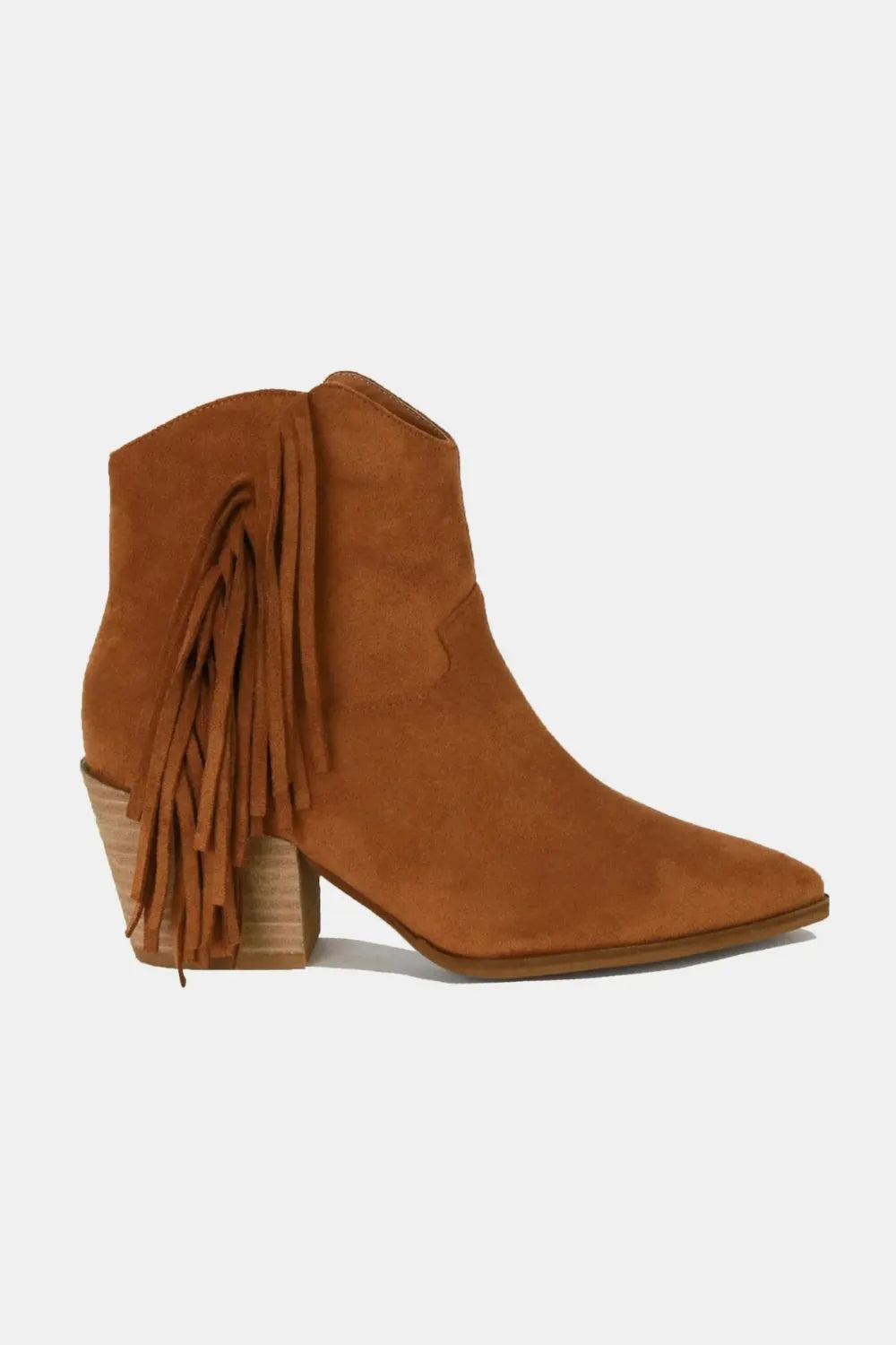 Suede fringe point toe ankle boots front view