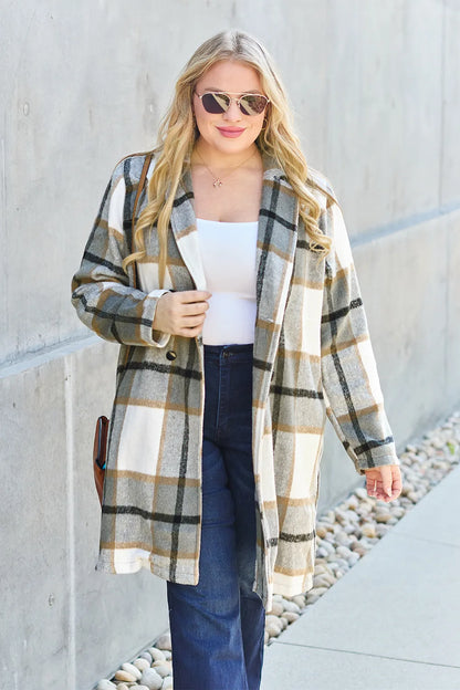 Double Take Full Size Plaid Button Up Lapel Collar Coat - Fashorio