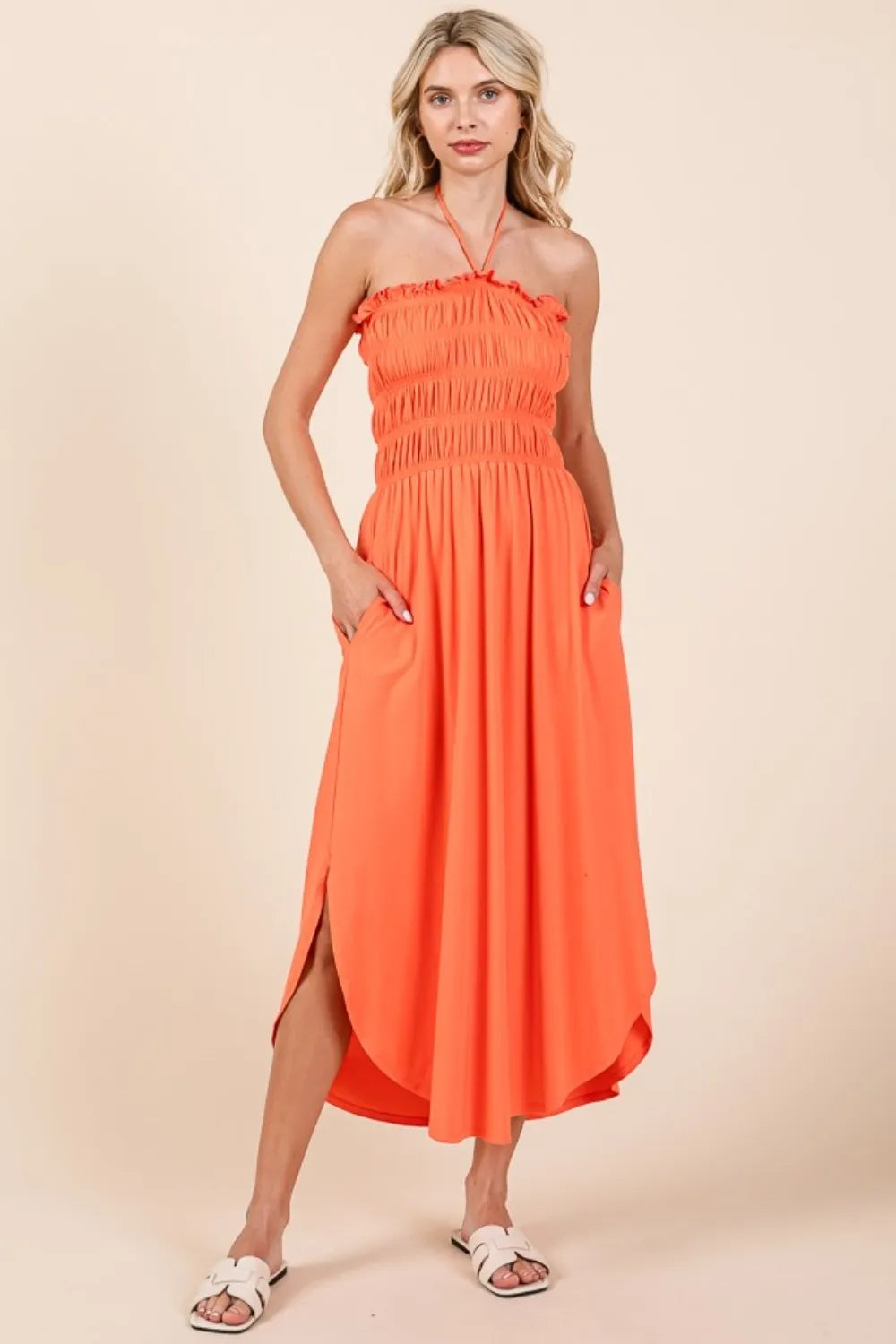 Tie Back Shirred Dress with Pockets in Coral detail