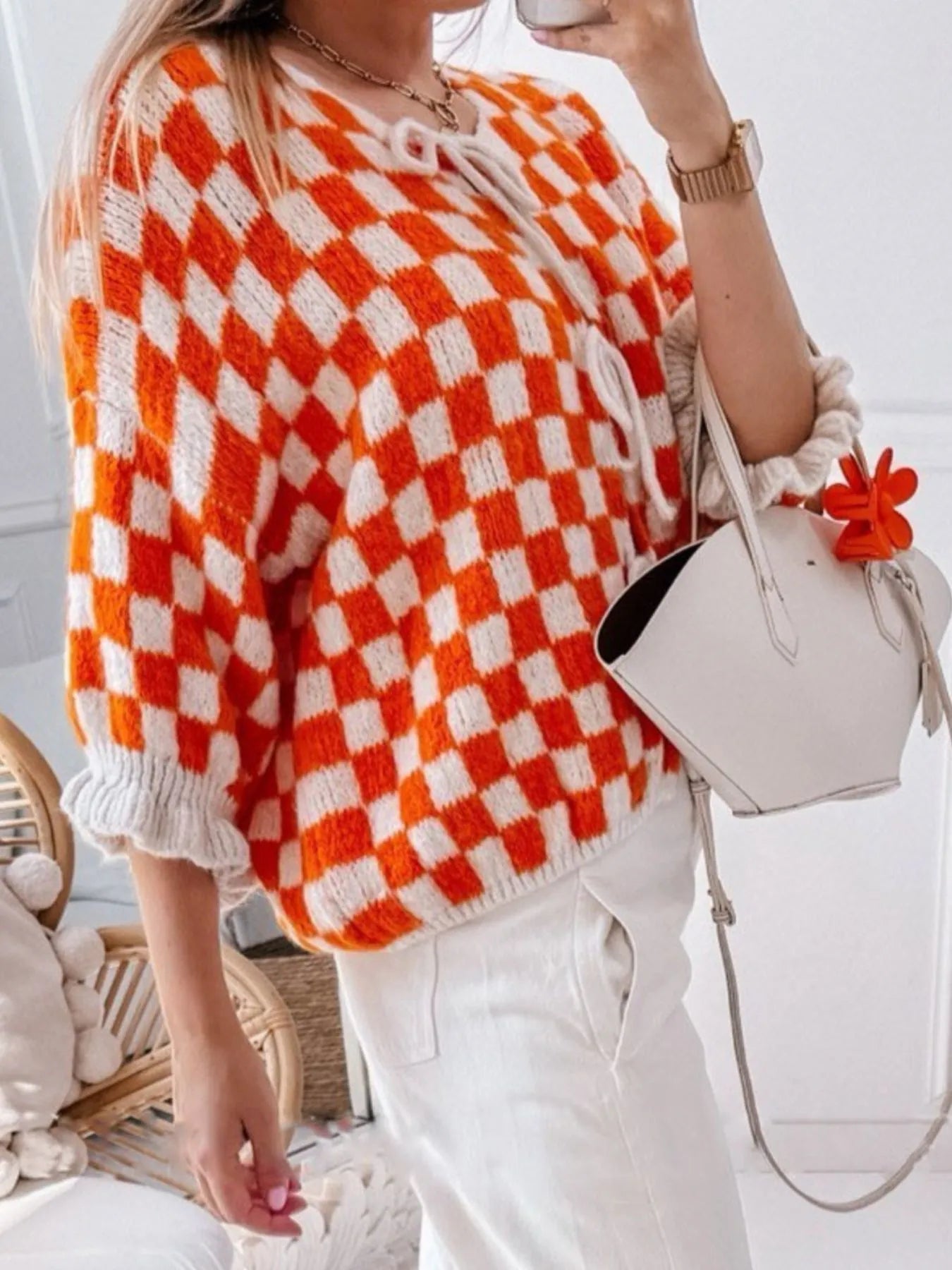 Checkered Tie-Front Knit Cardigan - Fashorio