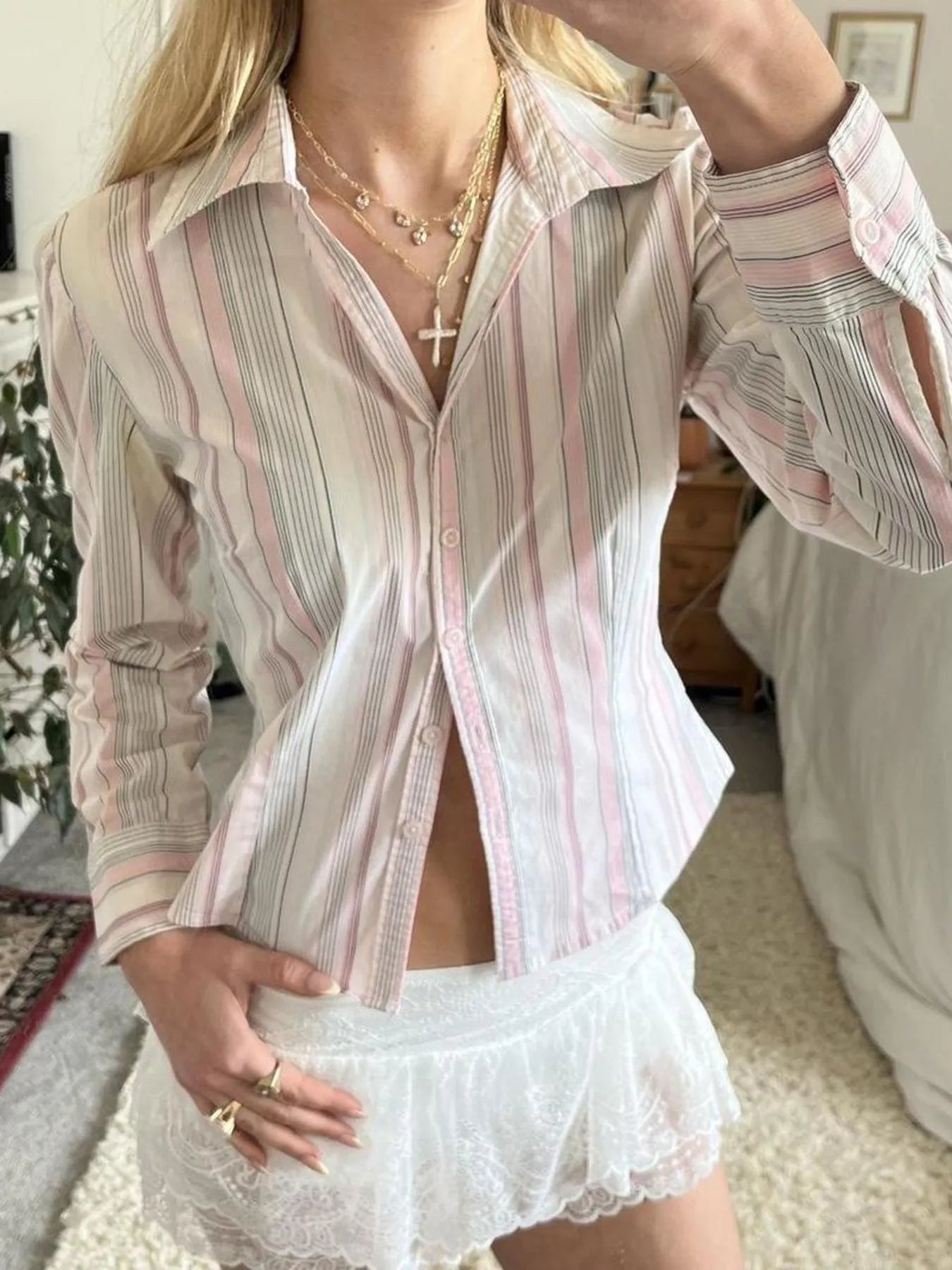 Printed Button-Down Long Sleeve Shirt Pink - Fashorio