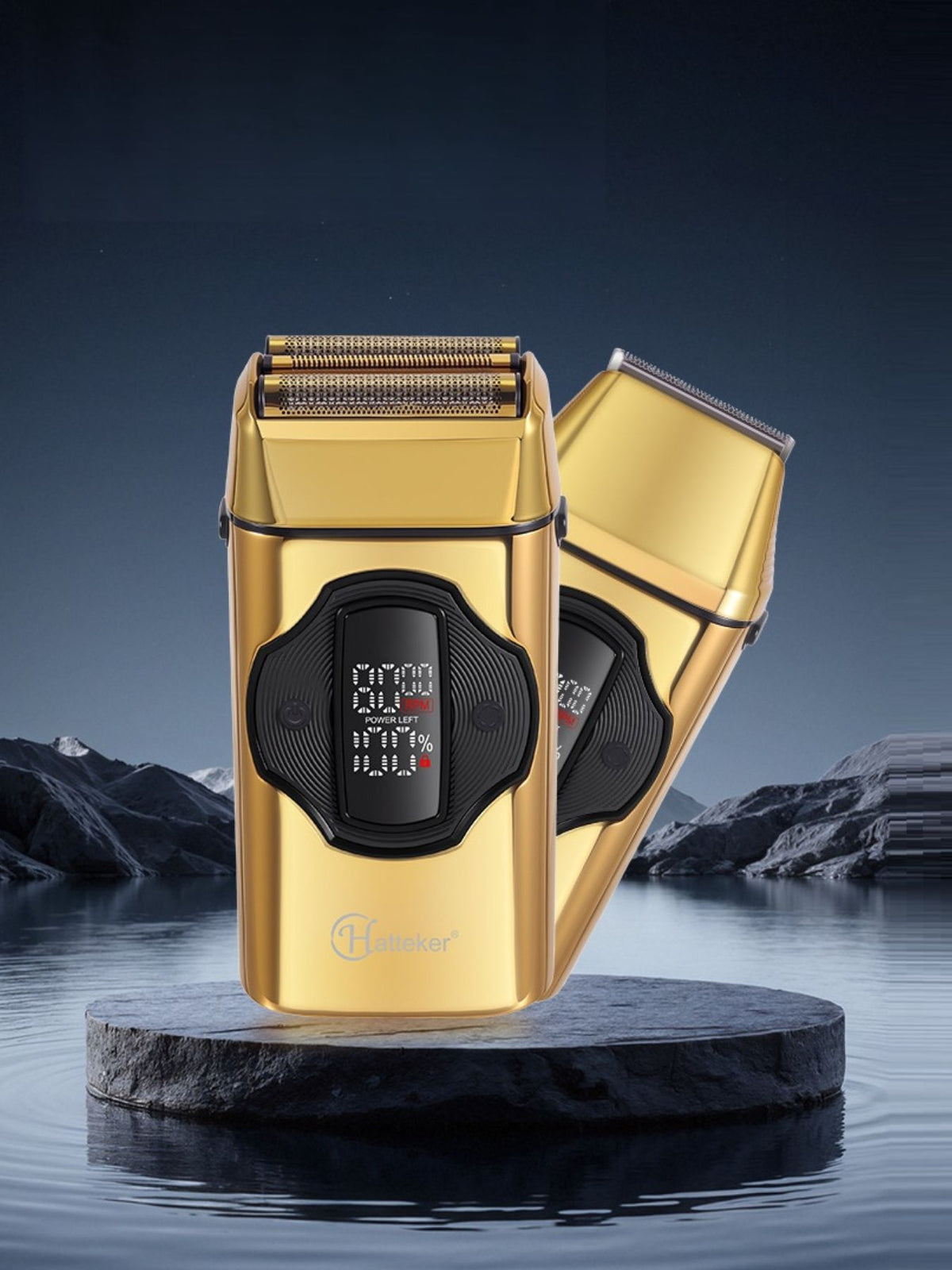 Gold rechargeable electric shaver front view