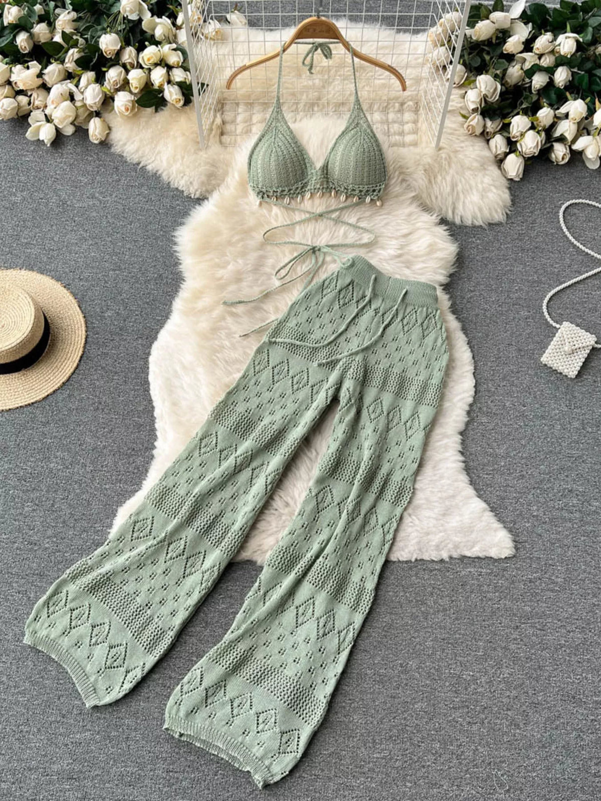 Crochet two piece set in green