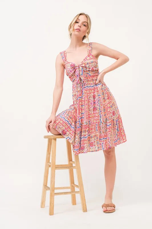 Tie Front Smocked Tiered Boho Dress in Red back view
