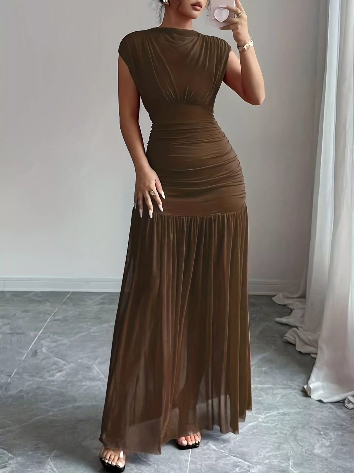 ruched bodycon maxi dress back view