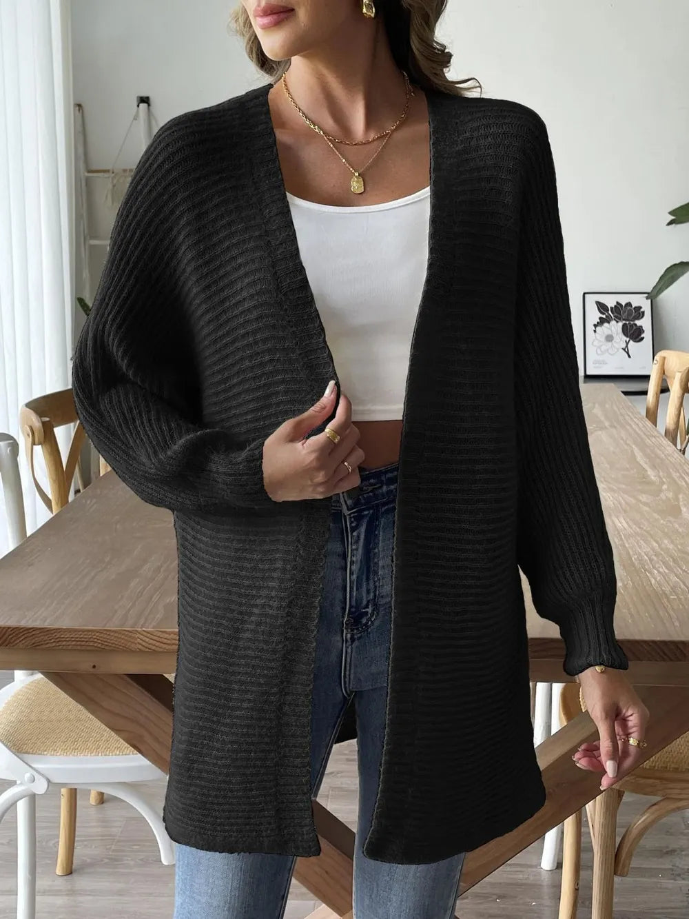 Open Front Long Sleeve Cardigan Black - Fashorio