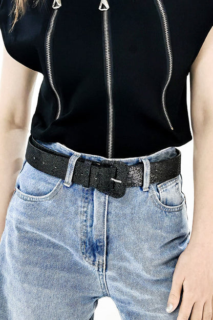 Glitter PU Leather Belt Black One Size - Fashorio