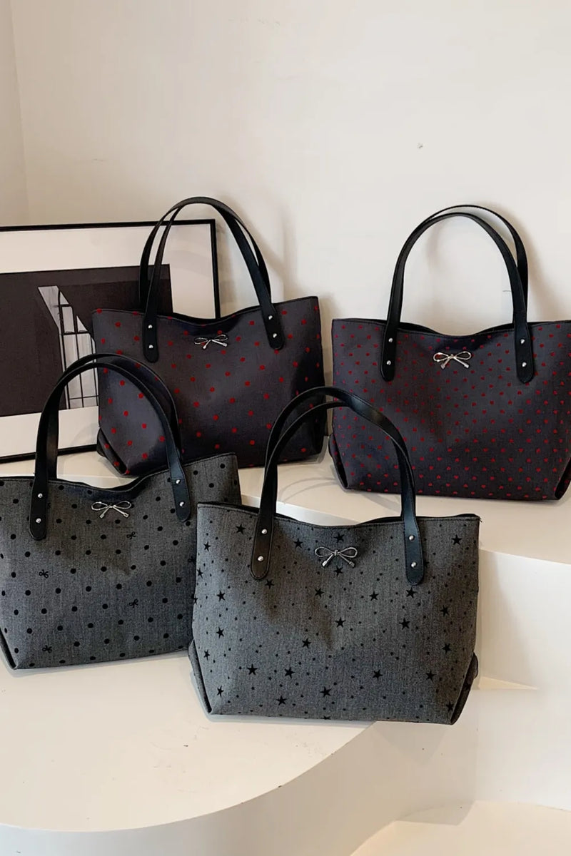 Bow trim printed tote bag with bow tie design