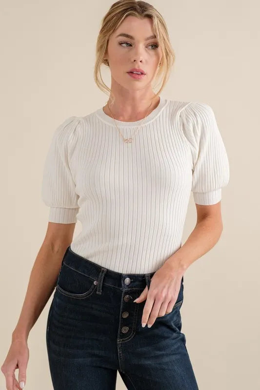 And The Why Puffed Half Sleeve Rib Basic Bodysuit - Fashorio