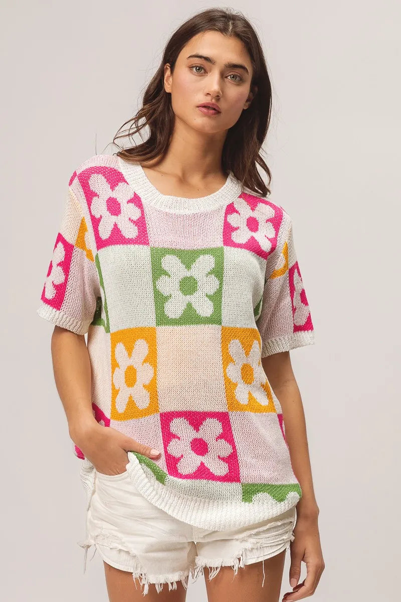 Floral Check Lightweight Sweater Top detail