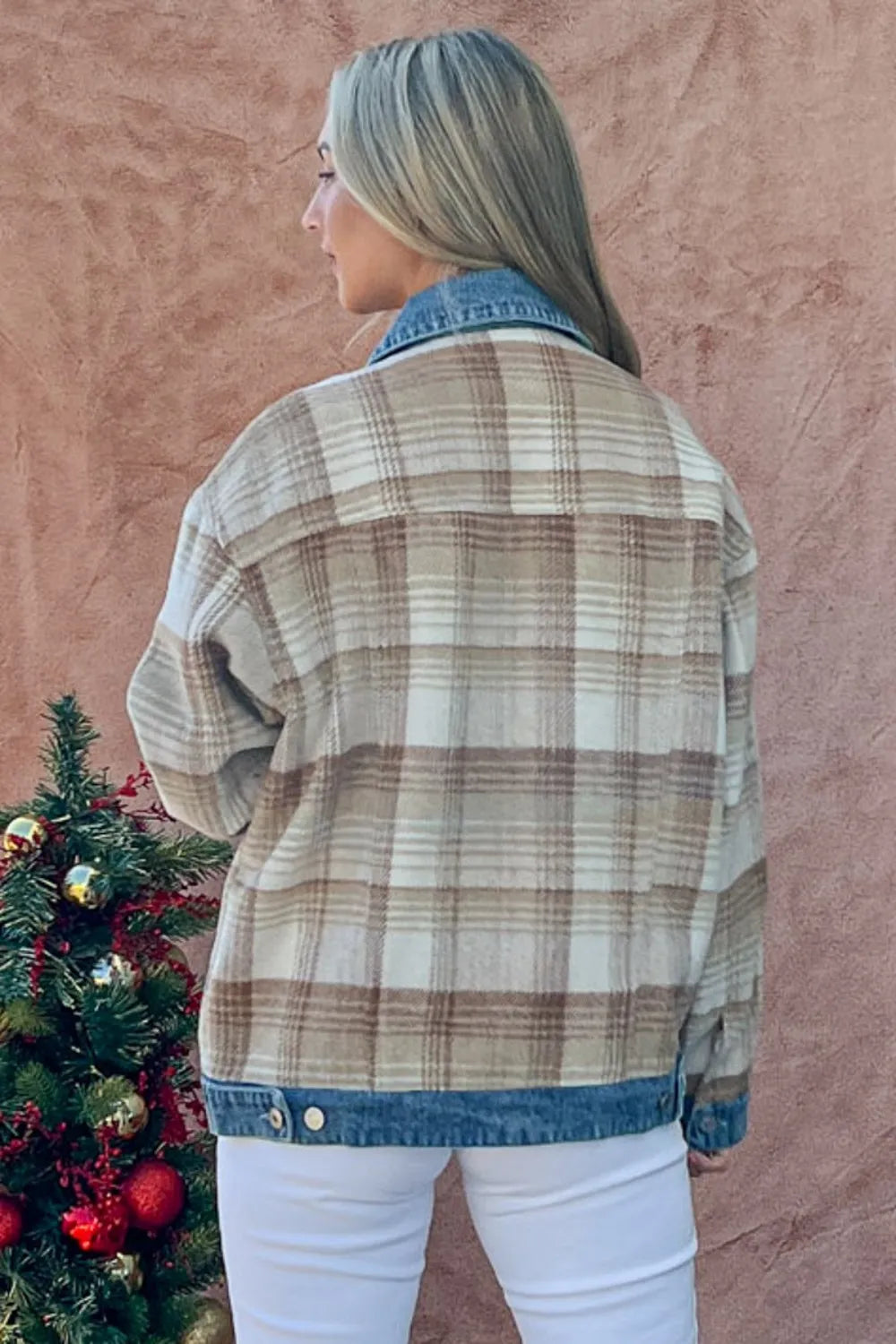 Washed Denim Detail Brushed Plaid Jacket back view