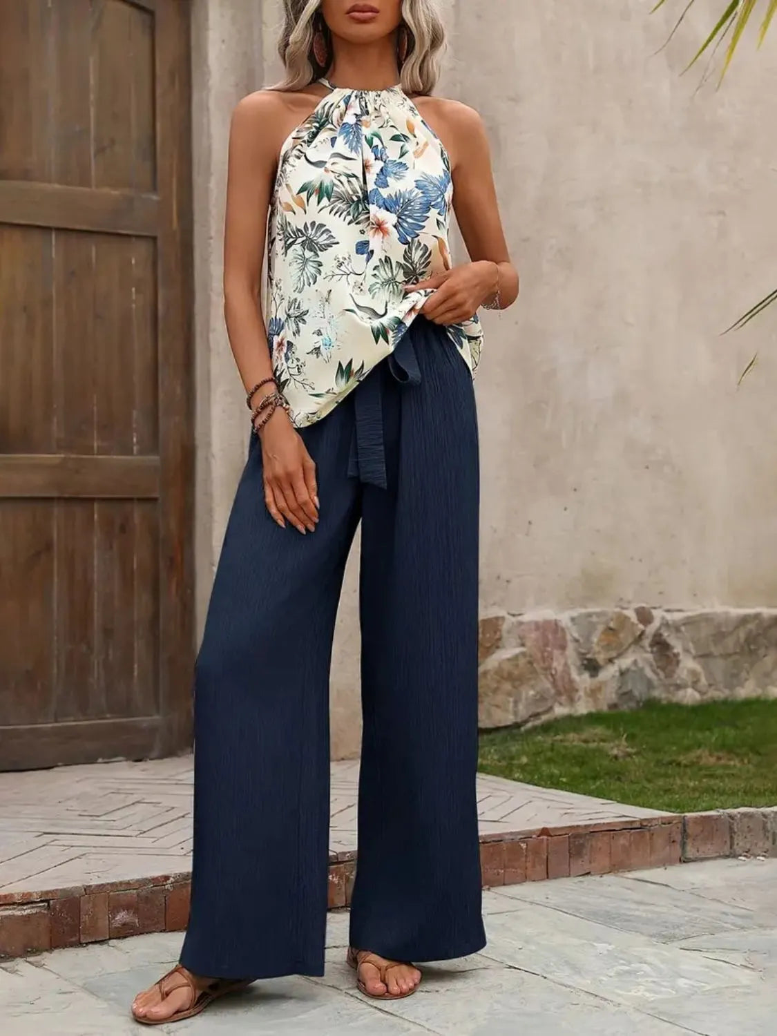 Printed Tank Top and Wide Leg Pants Set - Fashorio