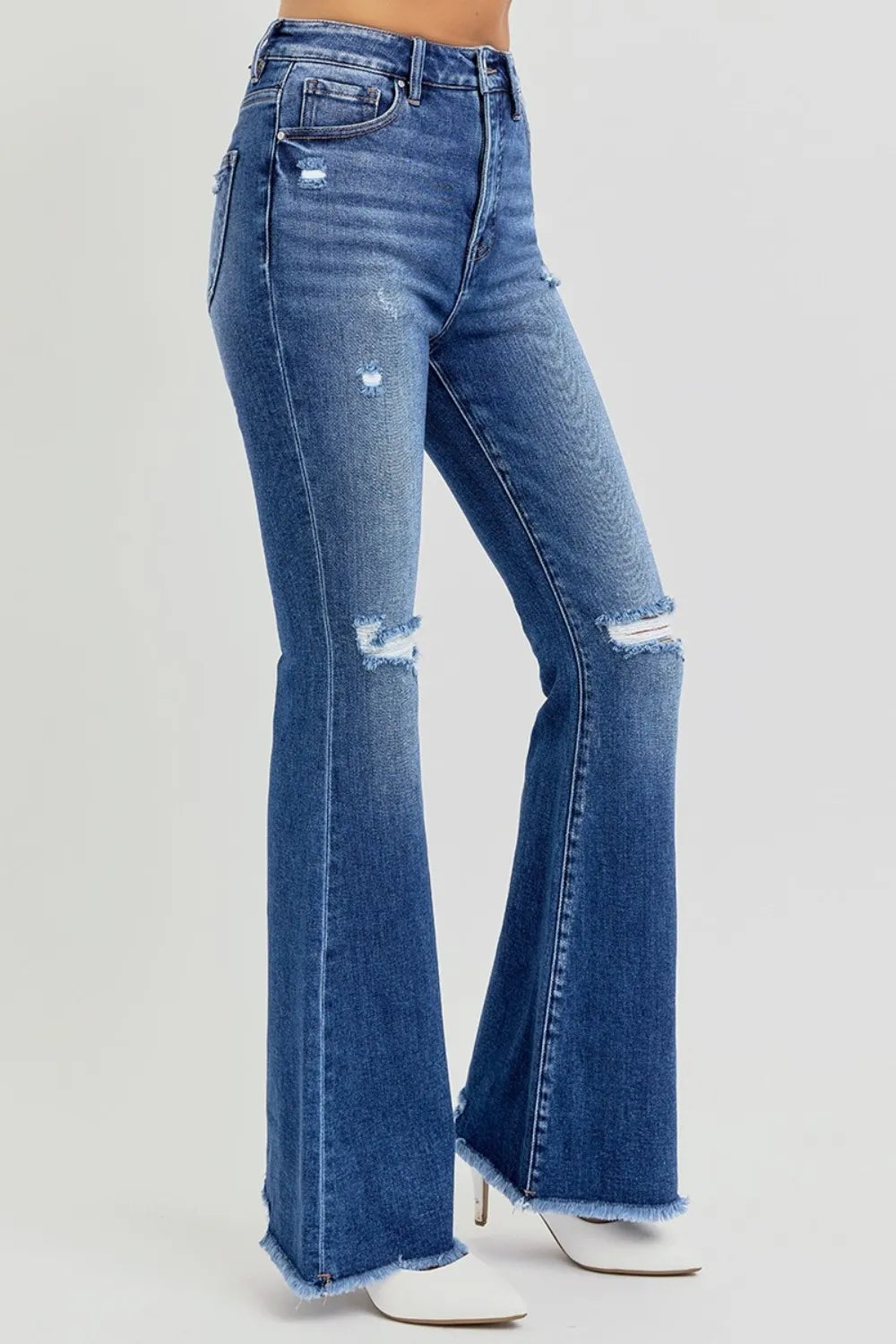 RISEN Full Size High Rise Distressed Raw Hem Flare Jeans - Fashorio