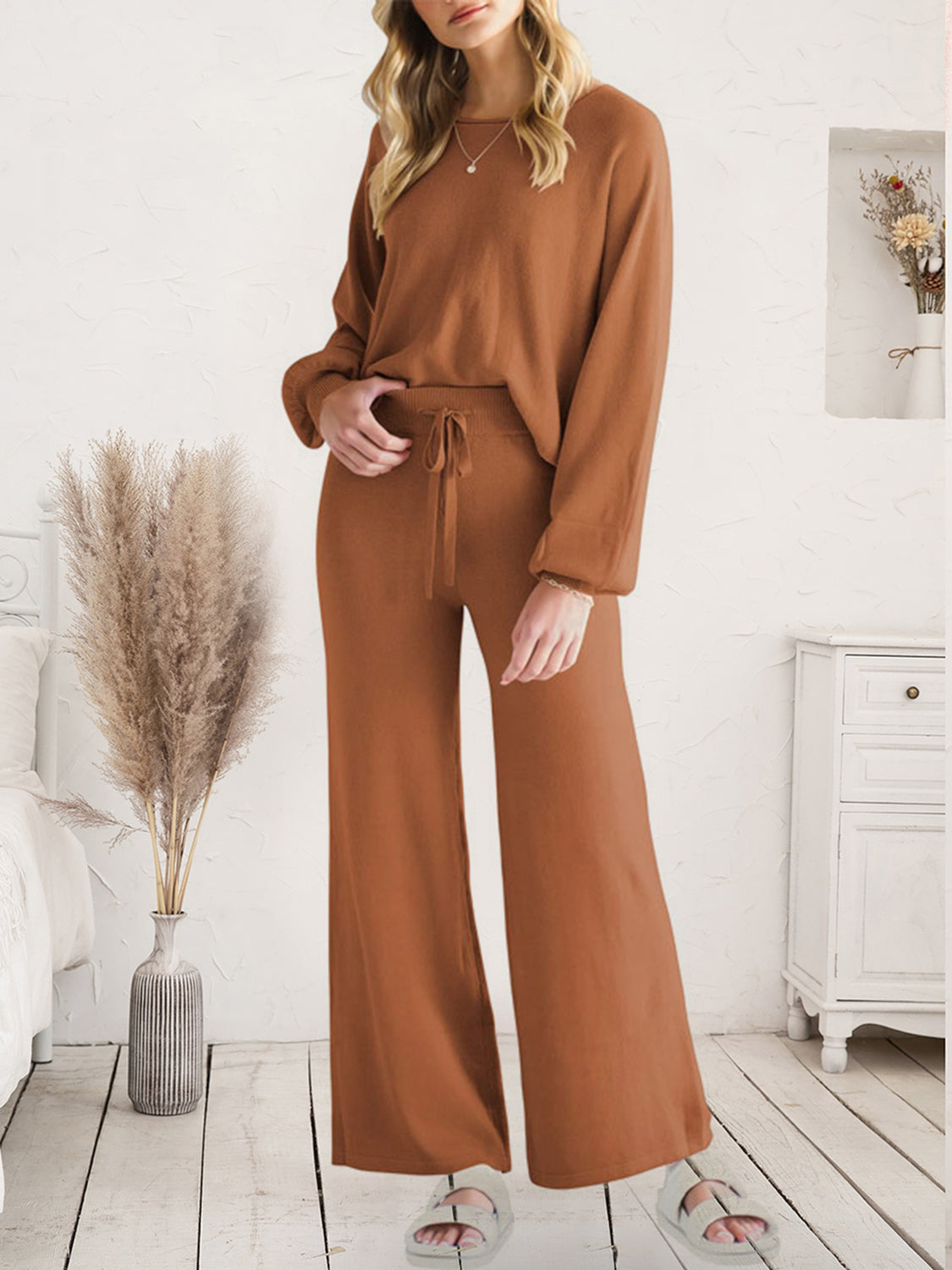 Long Sleeve Lounge Top and Drawstring Pants Set Caramel - Fashorio