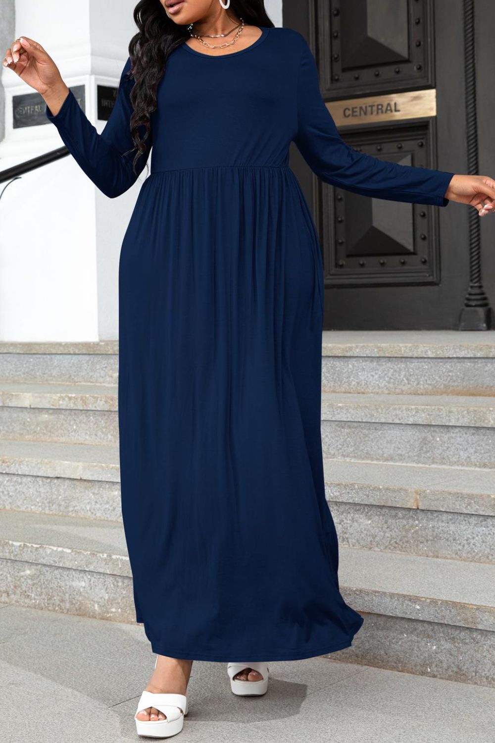 navy long sleeve plus size maxi dress with pockets side view