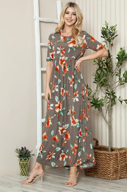 Coffee Brown floral short sleeve maxi tee dress, front view