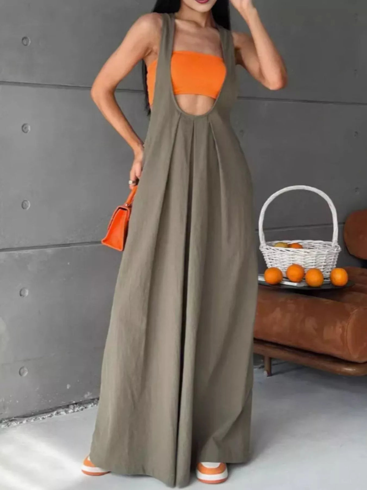 Pleated overall dress side pocket detail