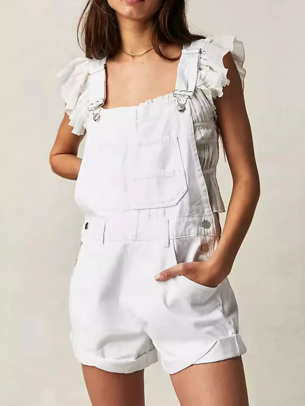 White square neck wide strap overalls front view