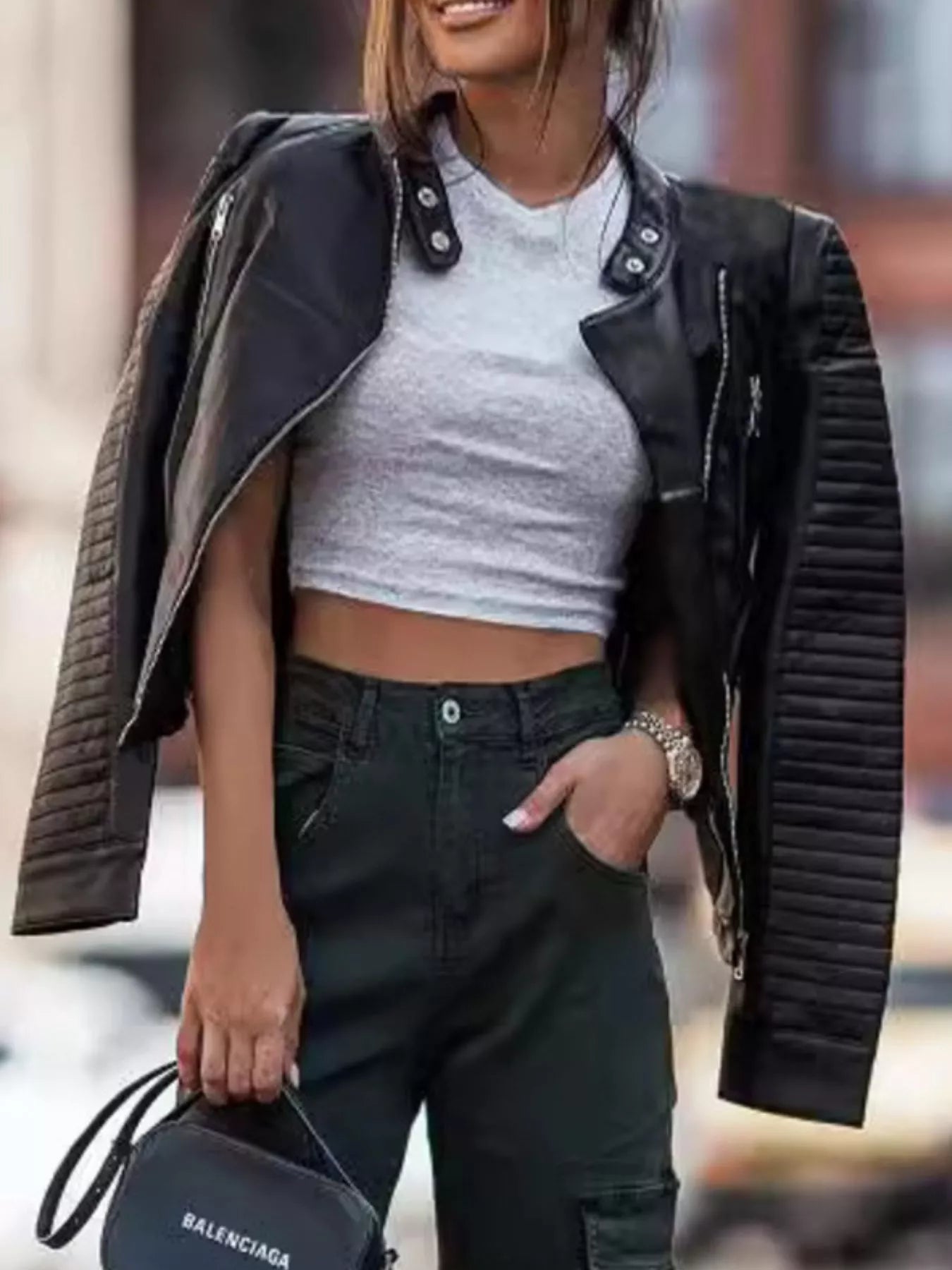 Quilted Sleeve Leather Moto Jacket Black - Fashorio